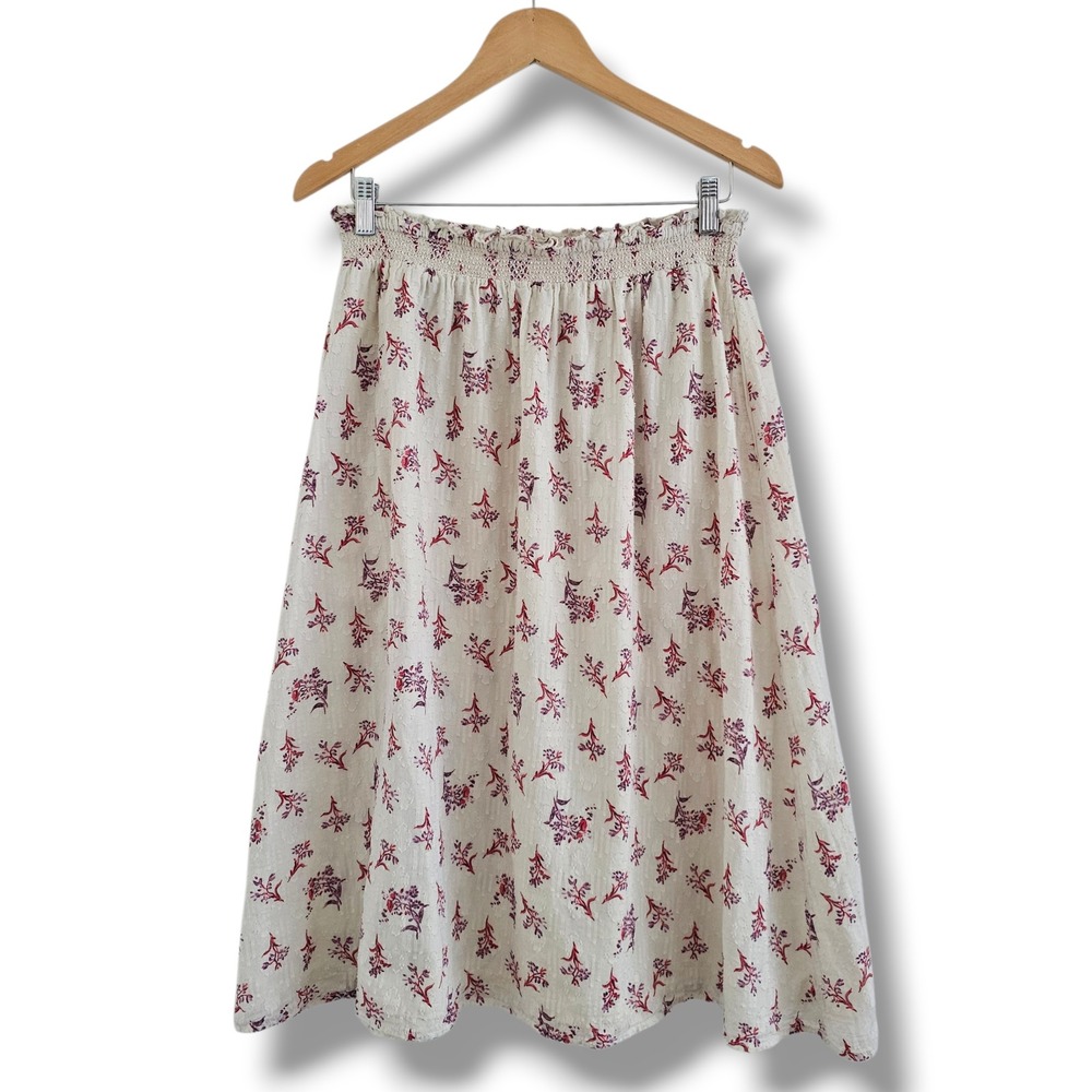 Kittenish X Flag & Anthem Midi Skirt L Cream Floral Smocked Texture Cottage Boho